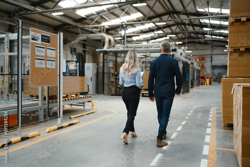 Rear view of Female warehouse manager talking with logistics employee in warehouse, planning transport of products, goods, talking shipping process.