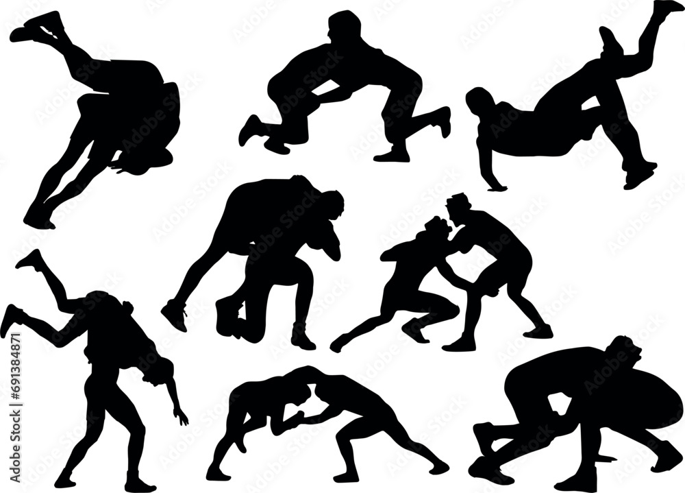 Wrestling Art Silhouette set , black Illustration in various themes ...