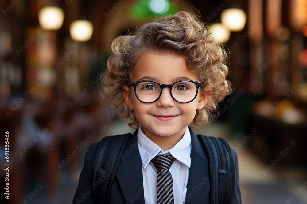 Happy kid with glasses in School Uniform with Backpack Going for School to Learn. Back to school. Happy kid with glasses in School Uniform with Backpack Going for School to Learn. Back to school.