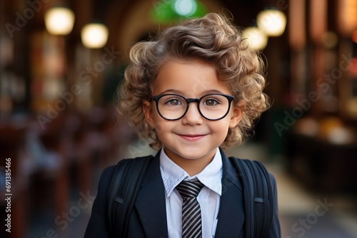 Happy kid with glasses in School Uniform with Backpack Going for School to Learn. Back to school.