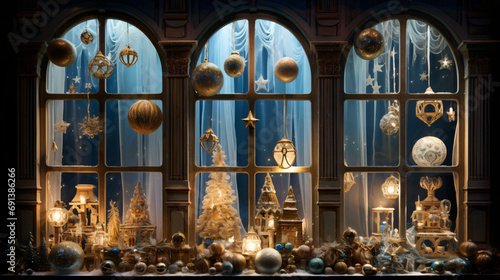 Window with christmas decoration at night