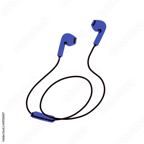 Wired earbuds. Small earphones with cable. Corded ear phones, buds. Audio acc...