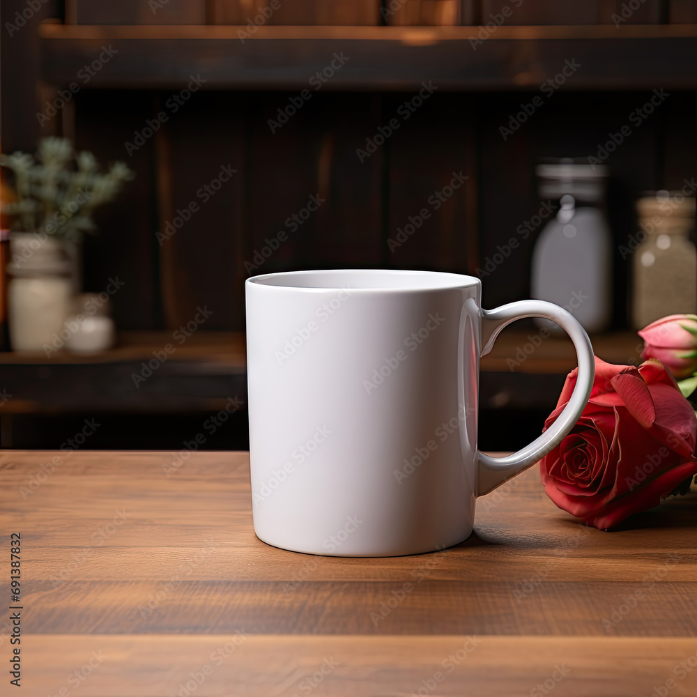 White mug mockup on a wooden table with red roses in a cozy room White mug mockup on a wooden table with red roses in a cozy room