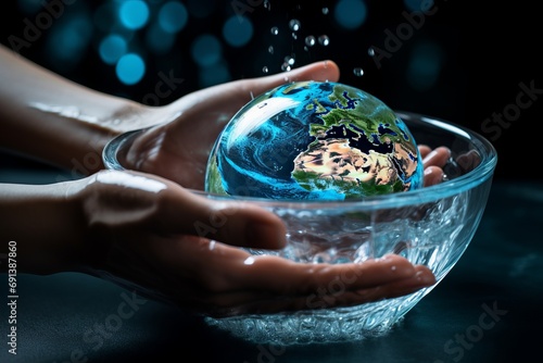 An individual cleansing their hands in a basin of water, highlighting the importance of addressing the global water crisis, ecological concerns, and water conservation photo