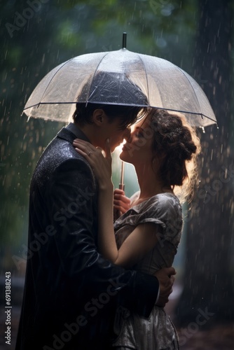 A romantic couple sharing a passionate kiss under the pouring rain