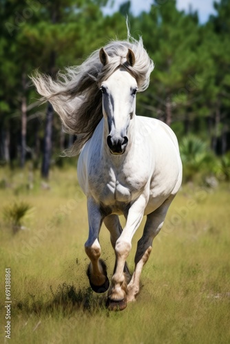 A horse galloping freely in an open field, showcasing its grace and freedom