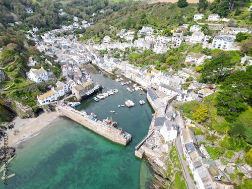 Polperro fishing village Cornwall UK drone,aerial high angle photo