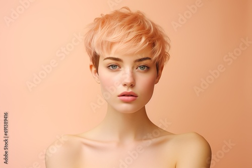 Portrait of a young beautiful woman with a short hairstyle, peach fuzz color. photo