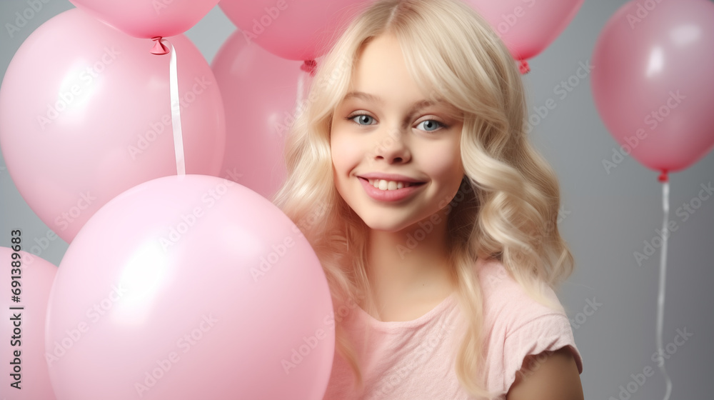 Cheerful cute blonde girl with balloons celebrating birthday, pink color, copy space. Happy girl with long hair