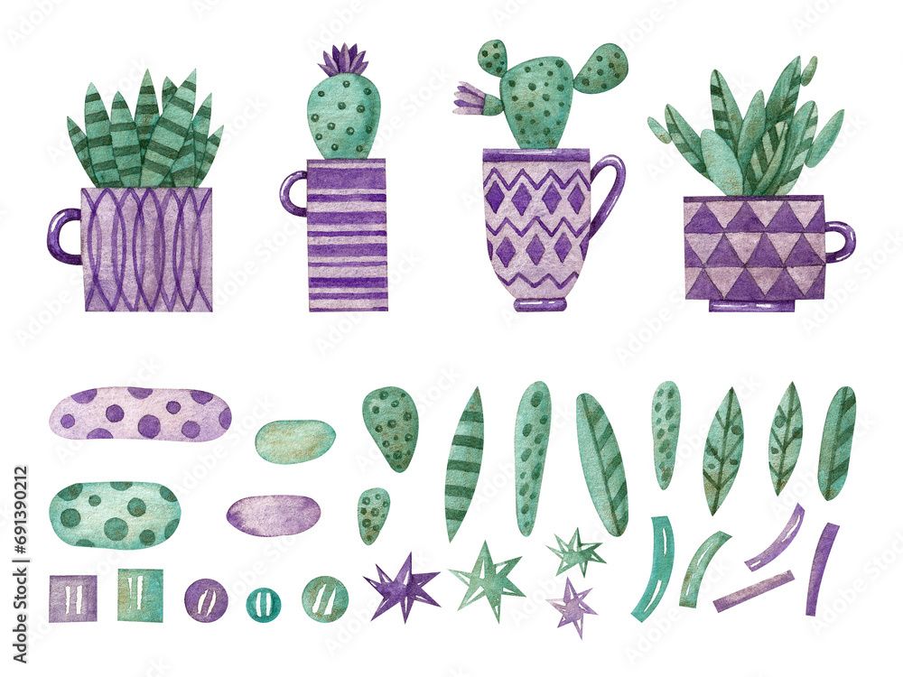 A set with decorative cacti in cups and various elements. Watercolor illustration. Plants and flowers. Purple and green. Cute. Succulents. Handmade work. Art. Design. Plain.Postcards and cards. A set with decorative cacti in cups and various elements. Watercolor illustration. Plants and flowers. Purple and green. Cute. Succulents. Handmade work. Art. Design. Plain.Postcards and cards.