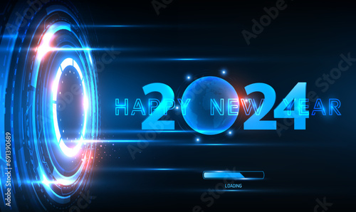 New year 2024 futuristic technology banner. New year 2024 in style HUD,GUI, UX. Happy New year on blue cyberspace with portal and globe hologram. Innovative high-tech concept. Technology  Vector EPS10
