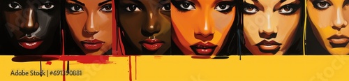 Happy Africa yellow banner with blackwoman faces in style of graffiti wall art painting photo