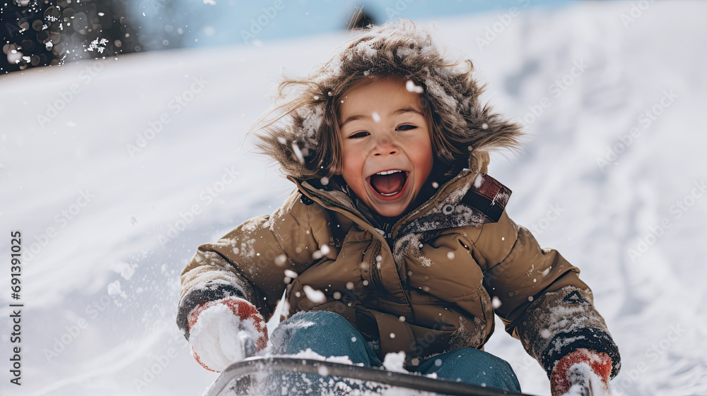 Happy Child Sledding in the Snow Happy Child Sledding in the Snow