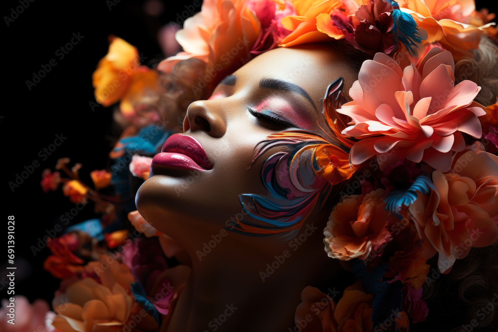 Colorful artistic portrait of a young beautiful woman closeup, hairstyle with flowers, multicolored makeup and face art