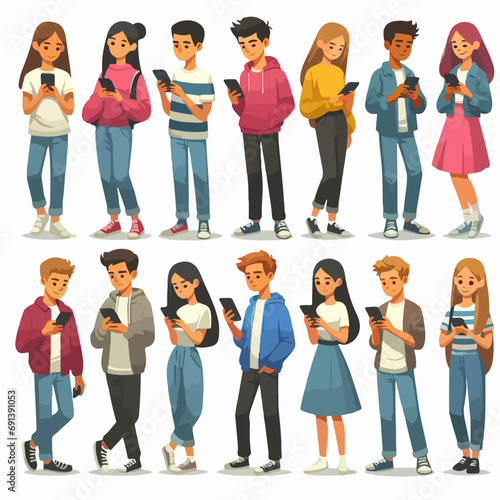 Teenagers using smartphones. Youth characters holding smartphone isolated on white background. Vector illustration in flat style.