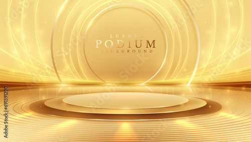 Golden empty podium on brown background with neon light effect with bokeh decoration. Elegant scene design concept for marketing promotion.