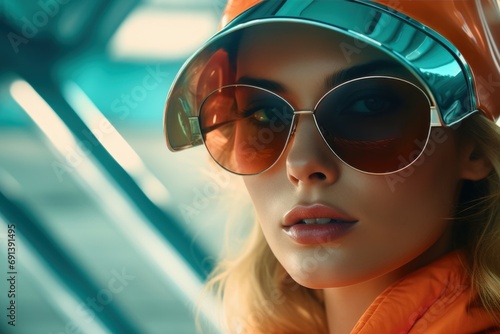 Fashion Model in Orange Visor and Sunglasses
