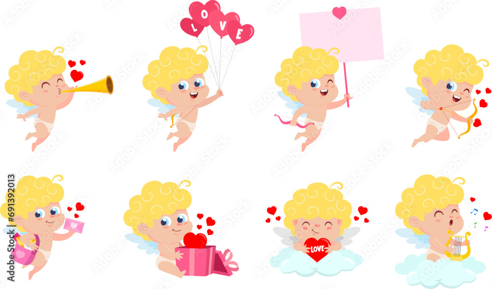 Cute Cupid Angel Cartoon Character. Vector Flat Design Collection Set Isolated On Transparent Background