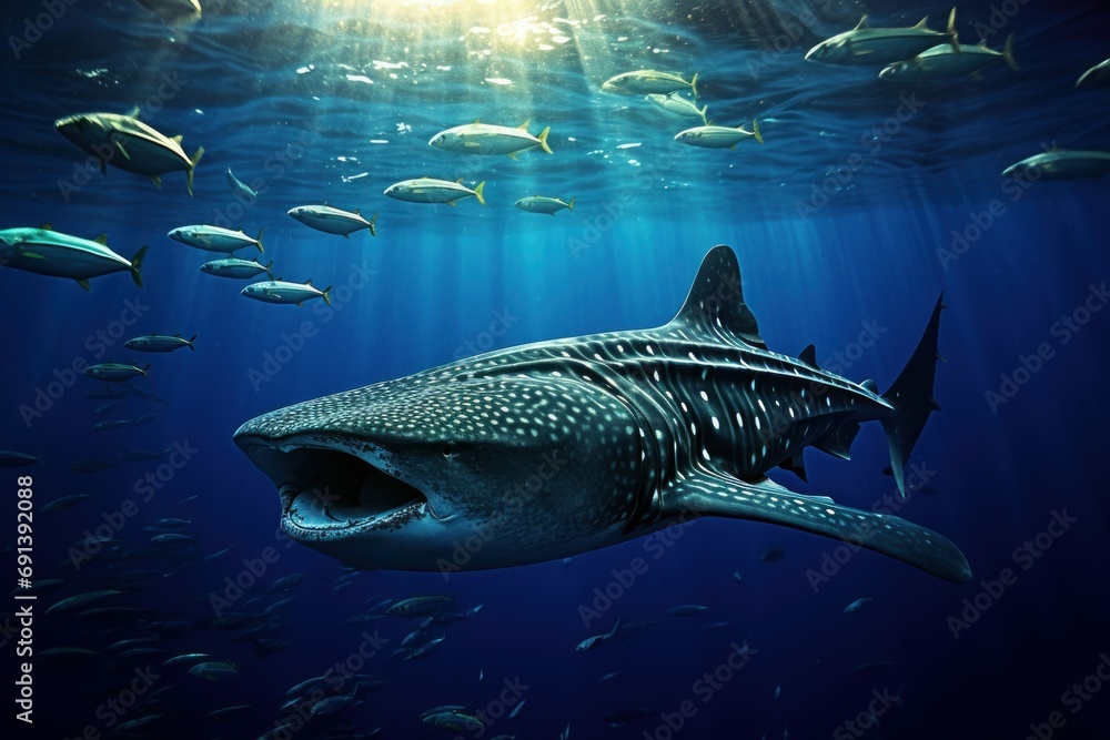 Naklejka premium Whale Shark and Fish in Blue Waters