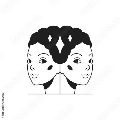 Y2k magic woman twins face psychedelic monochrome line retro groovy icon vector illustration