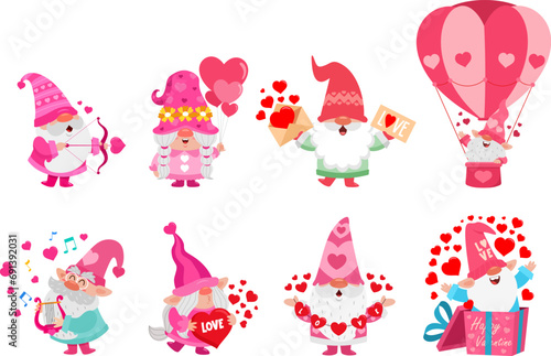 Cute Valentine Gnomes Cartoon Characters. Vector Flat Design Collection Set Isolated On Transparent Background