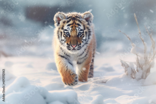 Young Tiger Cub Prowling in Snow