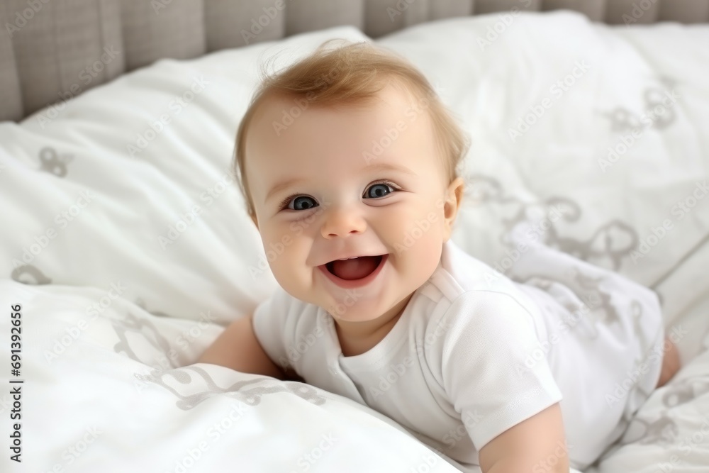 Joyful Baby Smiling Lying on Bed Joyful Baby Smiling Lying on Bed