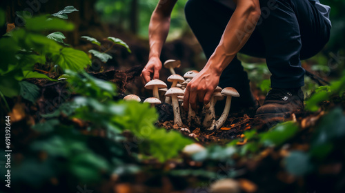 Person foraging mushrooms in the forest, connecting with nature and sustainability. 
