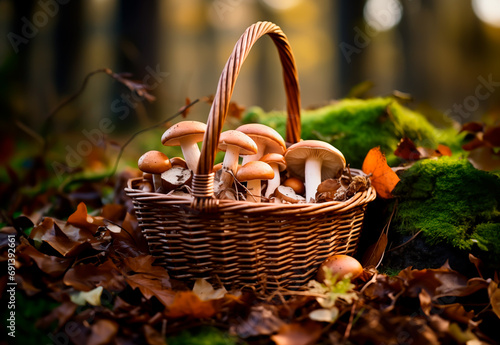 Basket of wild mushrooms nestled in autumn leaves, evoking fall harvest and nature. 