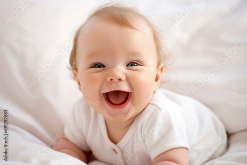 Joyful Baby Smiling Lying on Bed