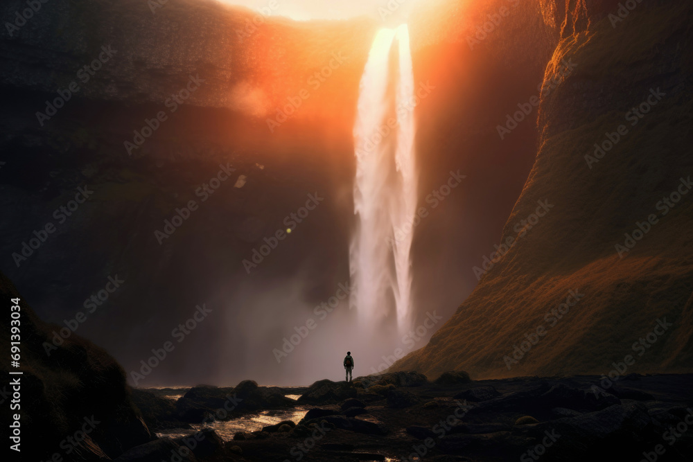 Fototapeta premium Man in Awe at Majestic Waterfall