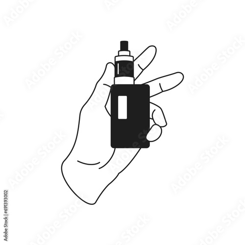 Y2k hand with vape electronic cigarette smoking device monochrome line retro groovy icon vector