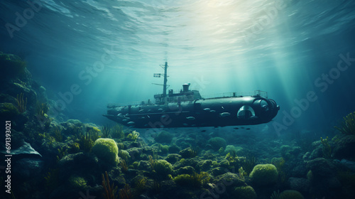 Navel nuclear submarine on open sea © Data