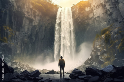 Man in Awe at Majestic Waterfall