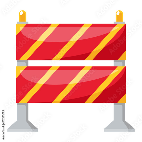 Traffic road repair barrier. Safety barricade or warning alert signs. Streets symbol safe reconstruction, striped coloring of main planned works. Vector illustration
