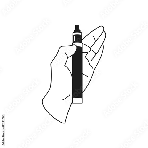 Y2k human hand holding electronic cigarette smoking device monochrome line retro groovy icon vector