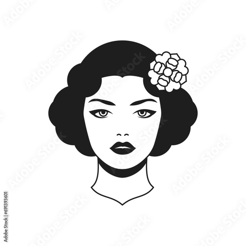 Y2k portrait beautiful retro woman with flower in hair monochrome line groovy icon vector