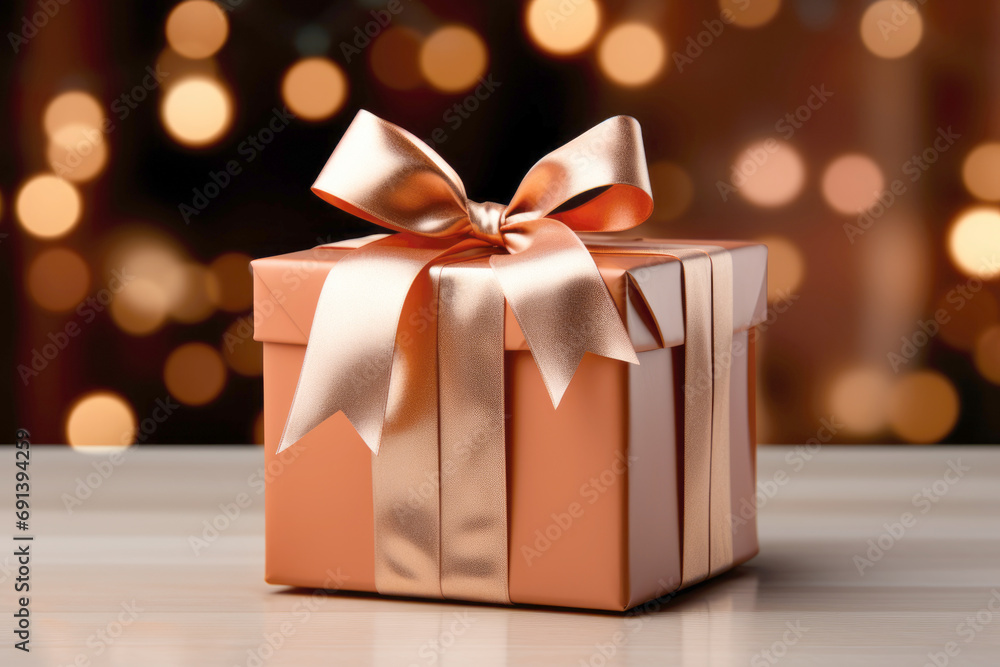 gift box with a peach ribbon and bow on the table, blurry background with Christmas lights gift box with a peach ribbon and bow on the table, blurry background with Christmas lights