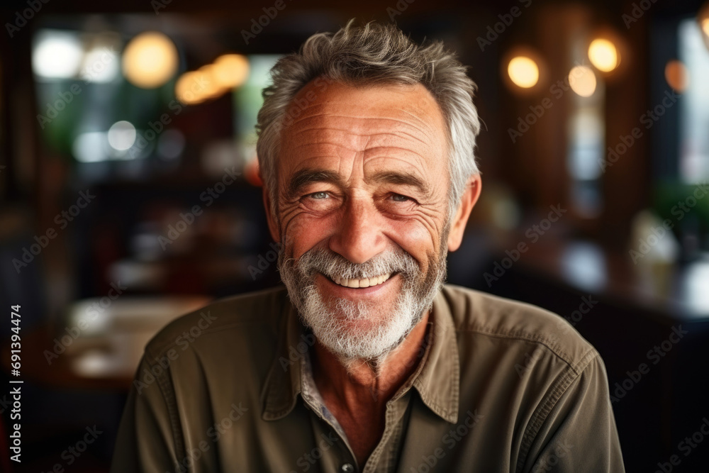 Smiling Elderly Man with Characterful Face in Cafe Smiling Elderly Man with Characterful Face in Cafe