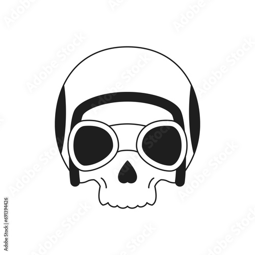 Y2k skull in eyeglasses and motorbike helmet psychedelic monochrome line retro groovy icon vector