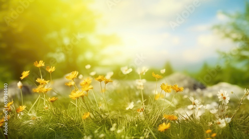 A beautiful spring summer meadow. Natural colorful panoramic landscape with many wild flowers of daisies against blue sky. A frame with soft selective focus.