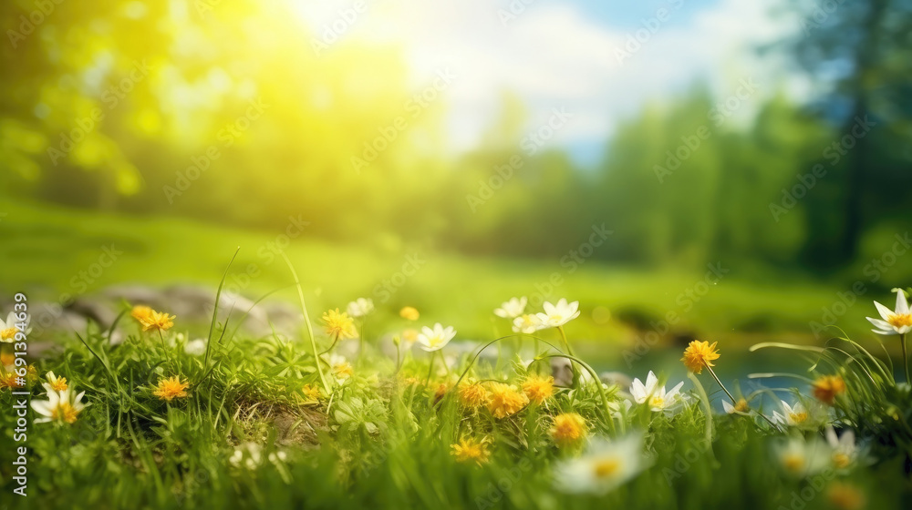 A beautiful spring summer meadow. Natural colorful panoramic landscape with many wild flowers of daisies against blue sky. A frame with soft selective focus. - obrazy, fototapety, plakaty 