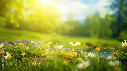 A beautiful spring summer meadow. Natural colorful panoramic landscape with many wild flowers of daisies against blue sky. A frame with soft selective focus. photo