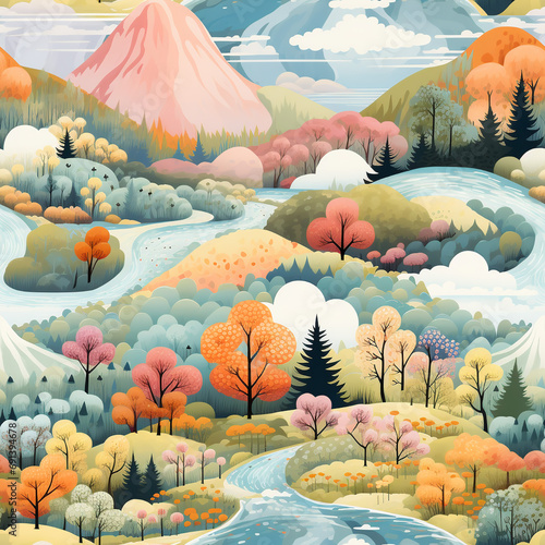Mountains, forest, and field. Seamless pattern in the form of a watercolor landscape stylized as a children's theme. For printing packaging, wallpaper, fabric, paper, invitations, and website design.
