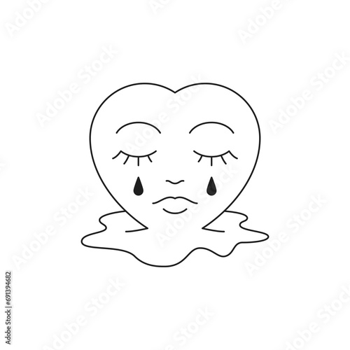 Y2k crying heart with tears puddle comic cartoon character monochrome line retro groovy icon vector
