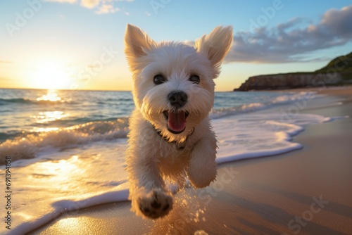 Happy Bichon Maltese Dog Playing on Sandy Beach