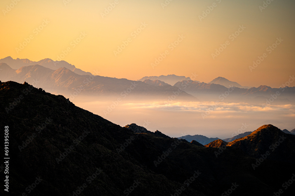 Picturesque landscape of the Asir Mountains at sunrise, Saudi Arabia.