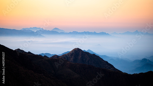 Picturesque landscape of the Asir Mountains at sunrise  Saudi Arabia.