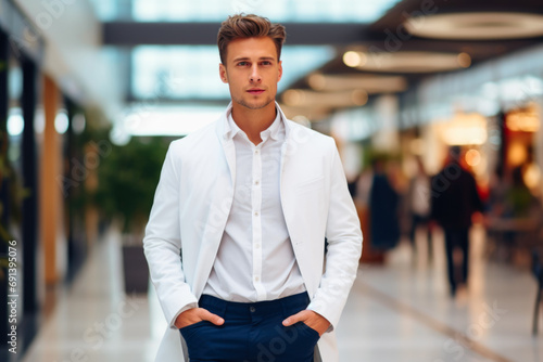 Confident man in a white blazer at a mall. The concept explores modern male fashion in urban life. photo