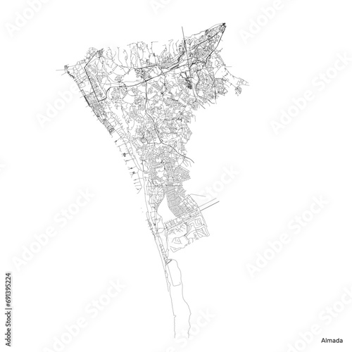 Almada city map with roads and streets, Portugal. Vector outline illustration.